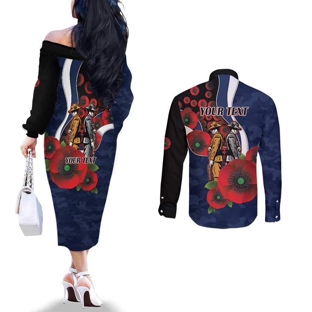 Geelong Cats ANZAC Personalised Couples Matching Off The Shoulder Long Sleeve Dress and Long Sleeve Button Shirt Lest We Forget Poppy Camo