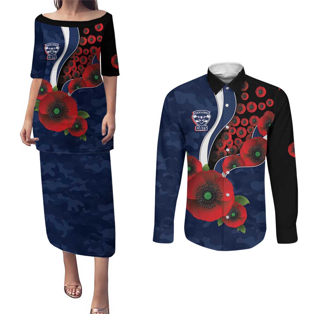 Geelong Cats ANZAC Personalised Couples Matching Puletasi and Long Sleeve Button Shirt Lest We Forget Poppy Camo