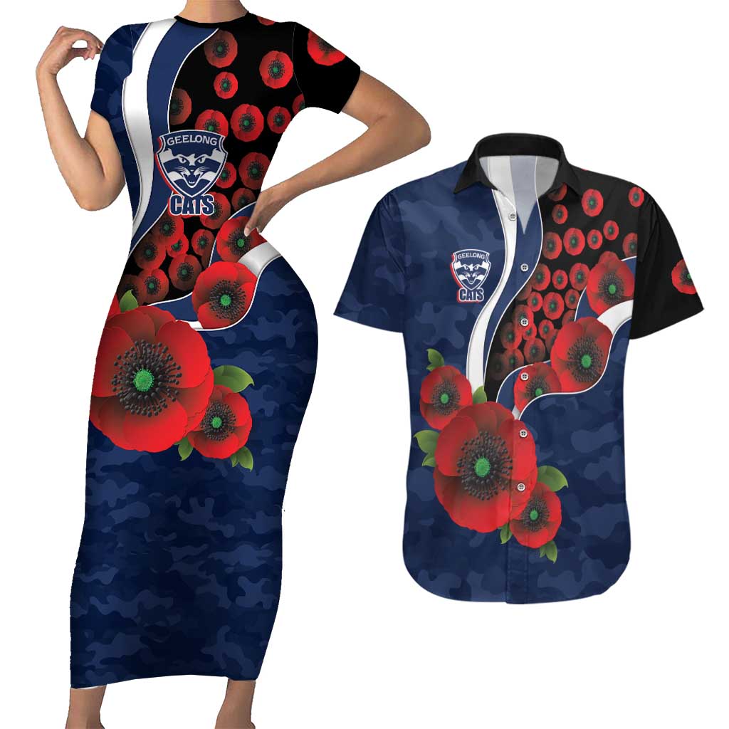 Geelong Cats ANZAC Personalised Couples Matching Short Sleeve Bodycon Dress and Hawaiian Shirt Lest We Forget Poppy Camo