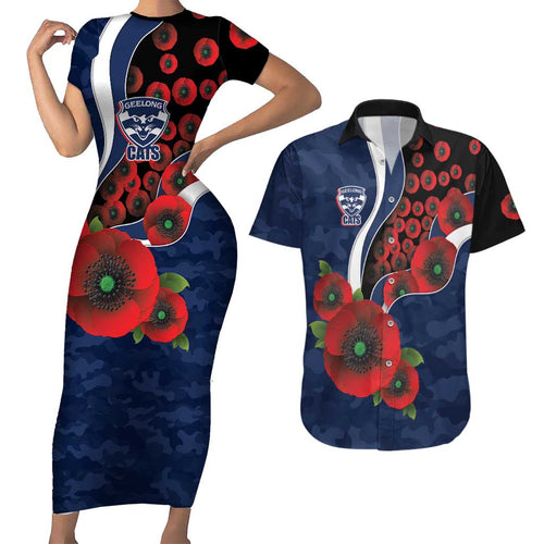 Geelong Cats ANZAC Personalised Couples Matching Short Sleeve Bodycon Dress and Hawaiian Shirt Lest We Forget Poppy Camo