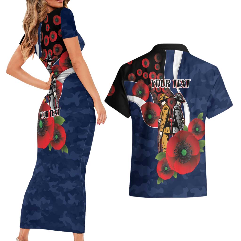 Geelong Cats ANZAC Personalised Couples Matching Short Sleeve Bodycon Dress and Hawaiian Shirt Lest We Forget Poppy Camo
