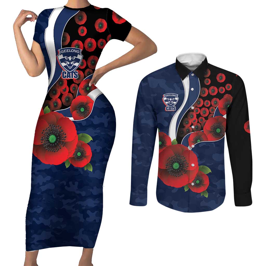 Geelong Cats ANZAC Personalised Couples Matching Short Sleeve Bodycon Dress and Long Sleeve Button Shirt Lest We Forget Poppy Camo