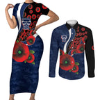 Geelong Cats ANZAC Personalised Couples Matching Short Sleeve Bodycon Dress and Long Sleeve Button Shirt Lest We Forget Poppy Camo