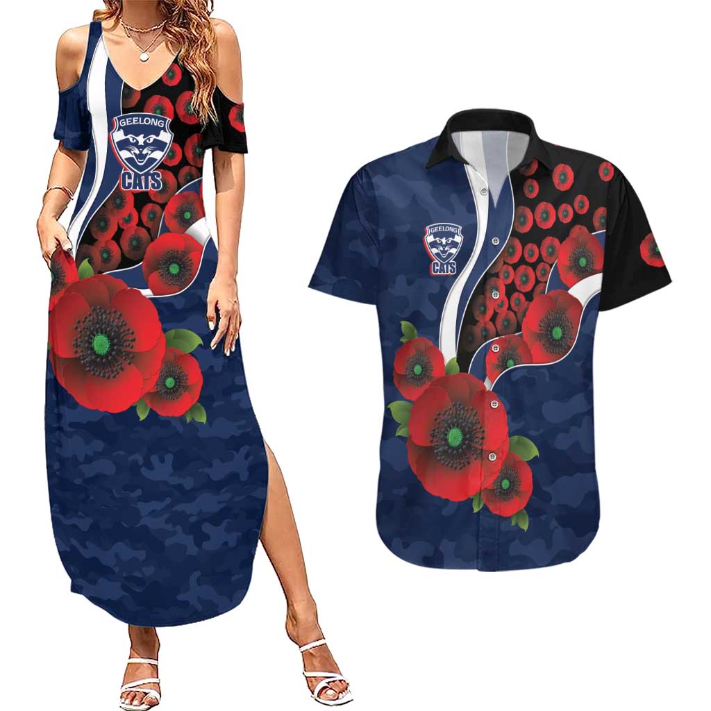 Geelong Cats ANZAC Personalised Couples Matching Summer Maxi Dress and Hawaiian Shirt Lest We Forget Poppy Camo