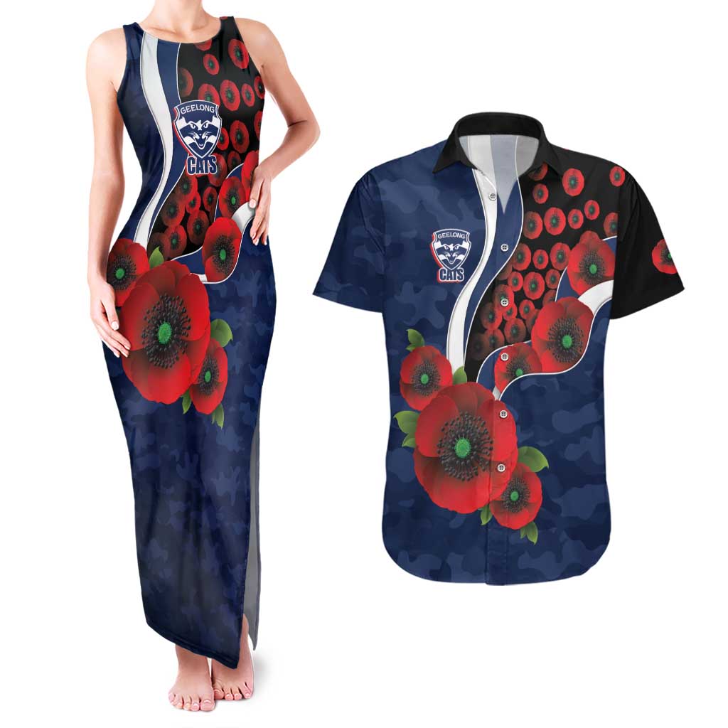 Geelong Cats ANZAC Personalised Couples Matching Tank Maxi Dress and Hawaiian Shirt Lest We Forget Poppy Camo