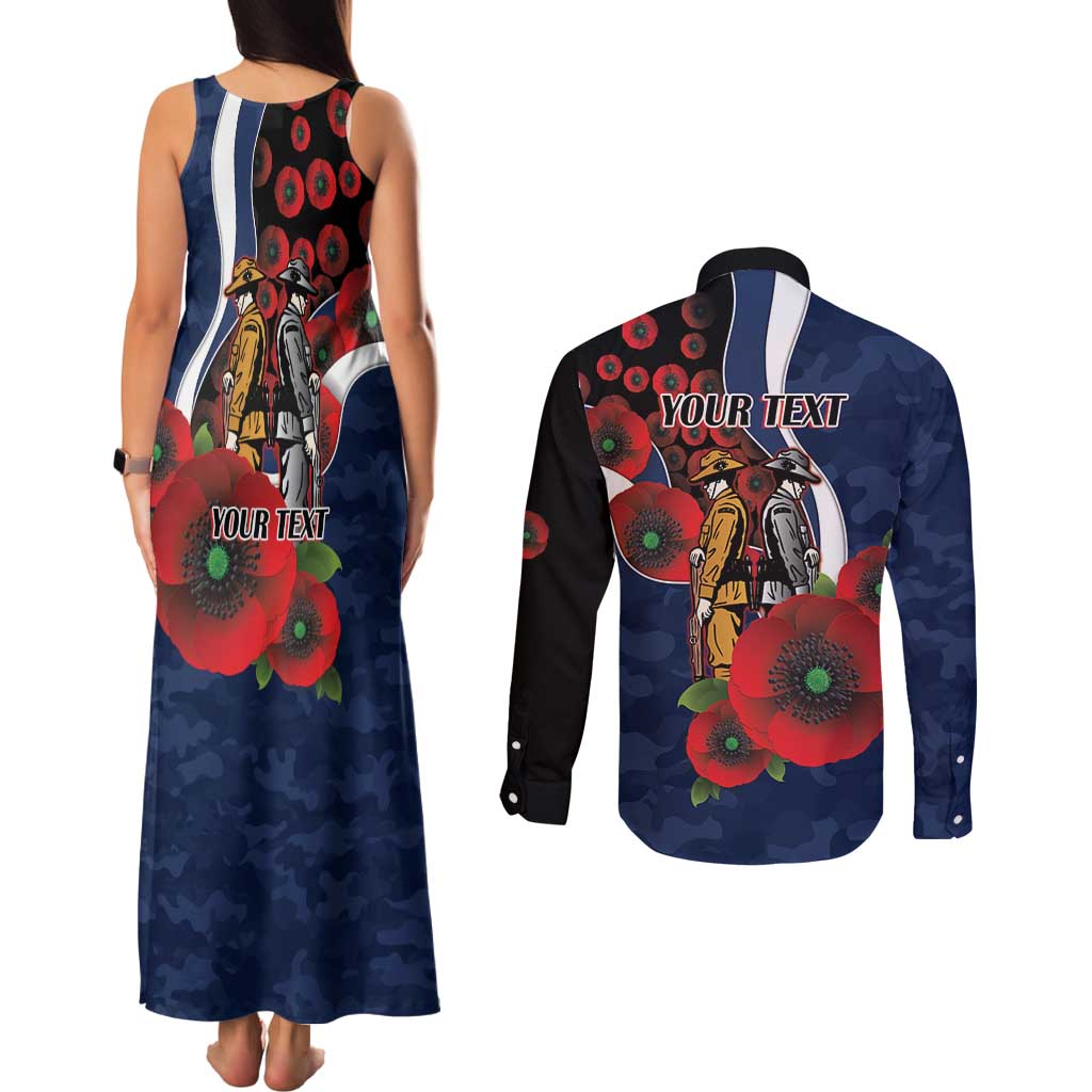 Geelong Cats ANZAC Personalised Couples Matching Tank Maxi Dress and Long Sleeve Button Shirt Lest We Forget Poppy Camo