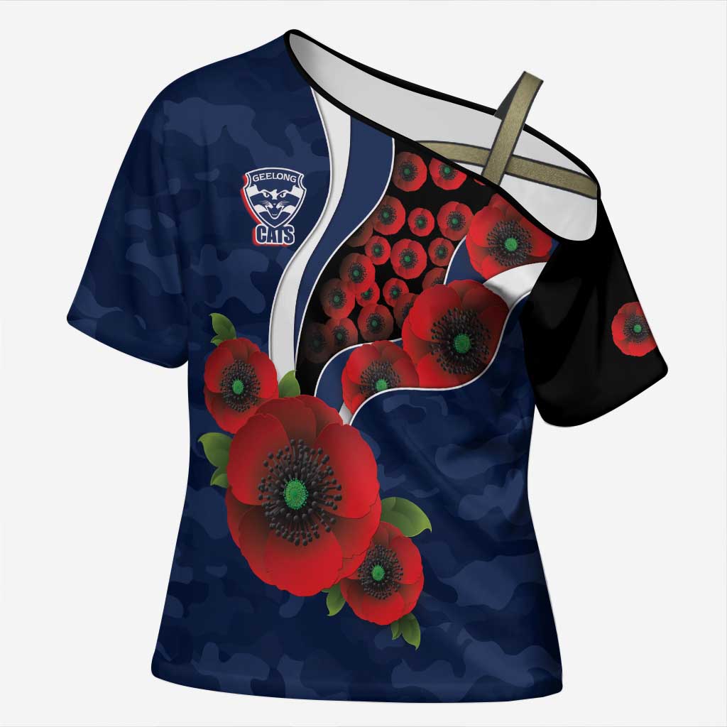 Geelong Cats ANZAC Personalised Cross Shoulder Shirt Lest We Forget Poppy Camo