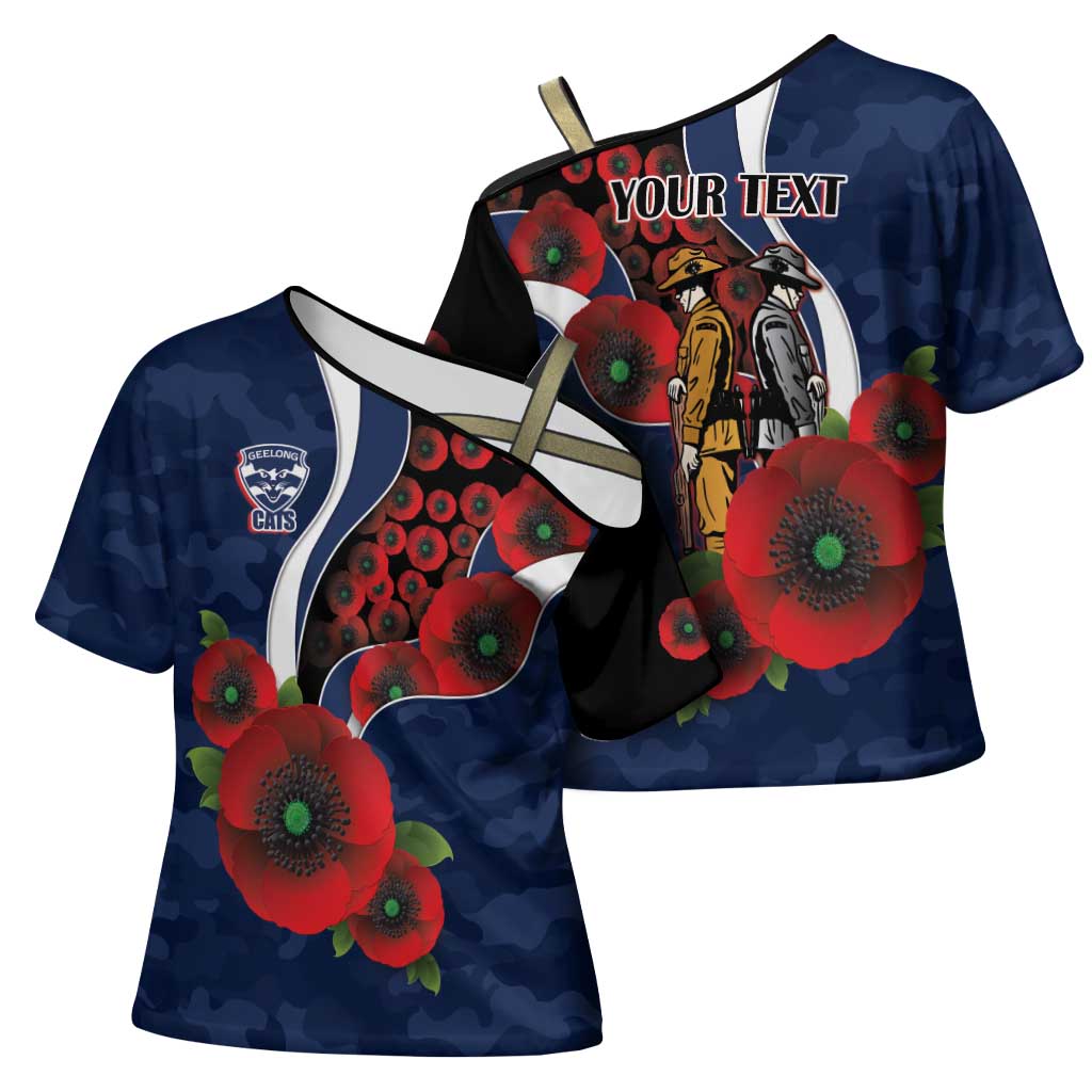 Geelong Cats ANZAC Personalised Cross Shoulder Shirt Lest We Forget Poppy Camo