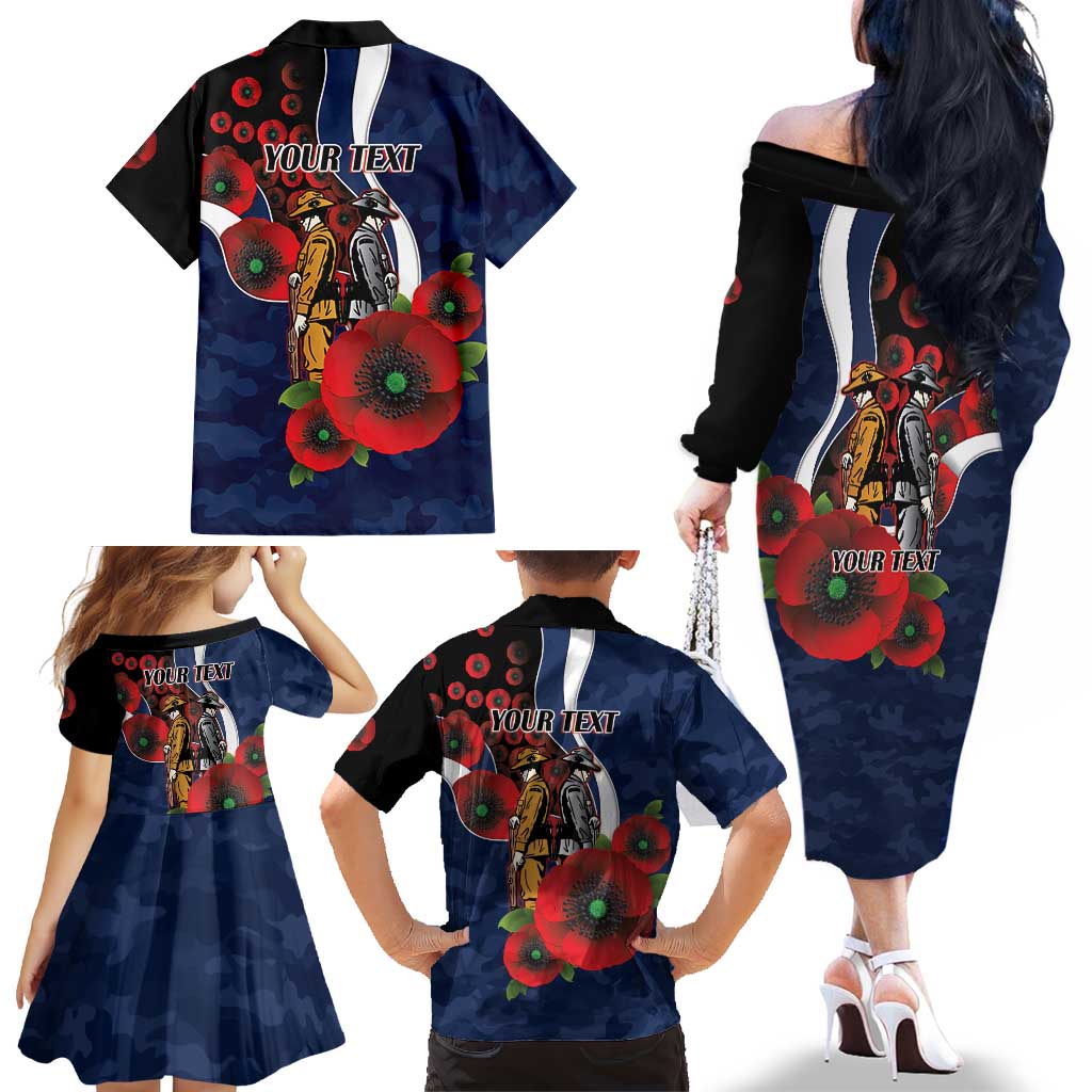 Geelong Cats ANZAC Personalised Family Matching Off The Shoulder Long Sleeve Dress and Hawaiian Shirt Lest We Forget Poppy Camo