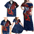 Geelong Cats ANZAC Personalised Family Matching Off Shoulder Maxi Dress and Hawaiian Shirt Lest We Forget Poppy Camo