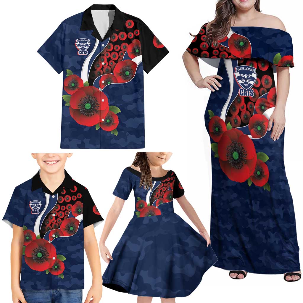 Geelong Cats ANZAC Personalised Family Matching Off Shoulder Maxi Dress and Hawaiian Shirt Lest We Forget Poppy Camo