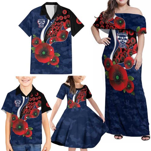 Geelong Cats ANZAC Personalised Family Matching Off Shoulder Maxi Dress and Hawaiian Shirt Lest We Forget Poppy Camo
