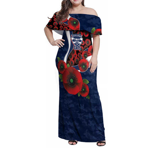 Geelong Cats ANZAC Personalised Family Matching Off Shoulder Maxi Dress and Hawaiian Shirt Lest We Forget Poppy Camo