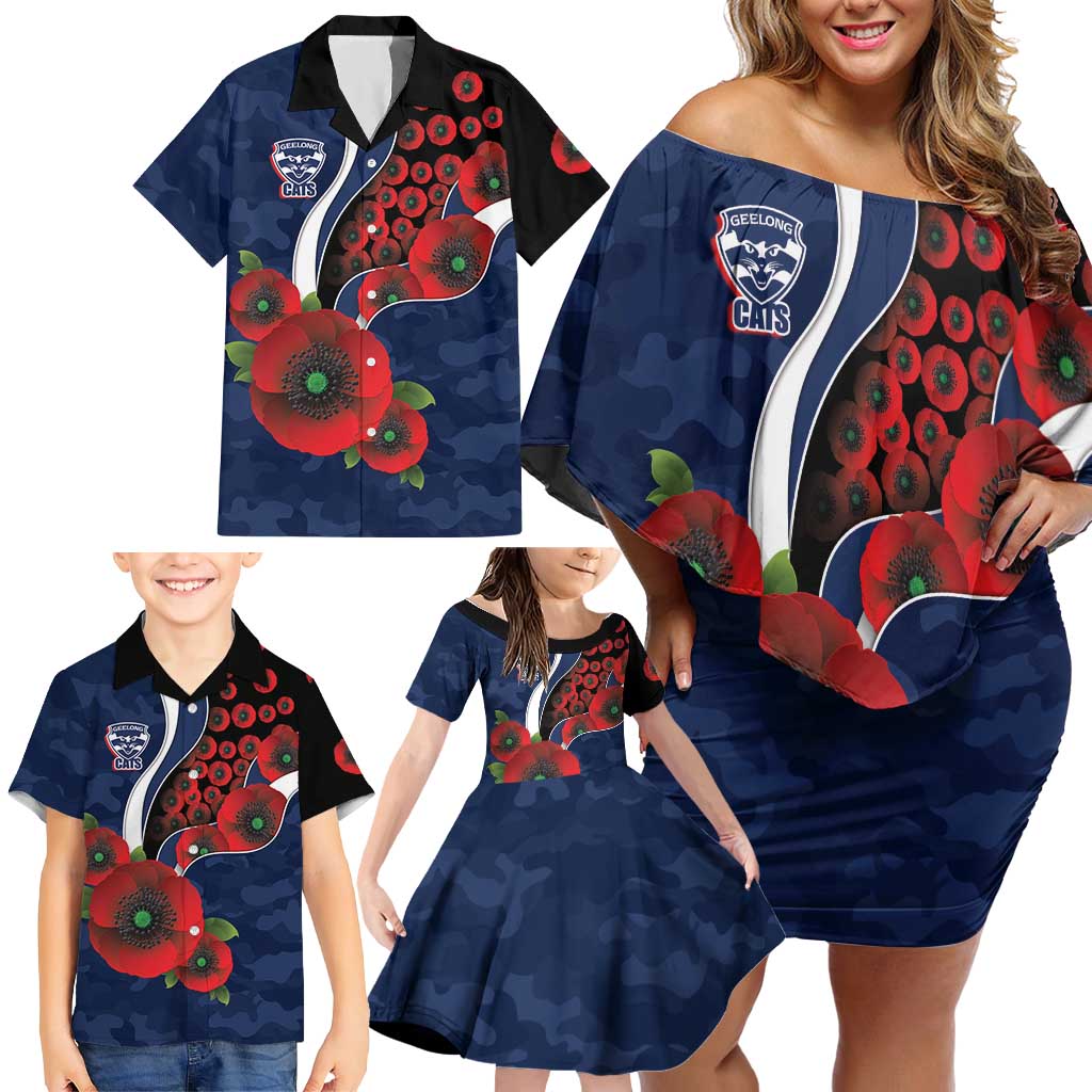 Geelong Cats ANZAC Personalised Family Matching Off Shoulder Short Dress and Hawaiian Shirt Lest We Forget Poppy Camo