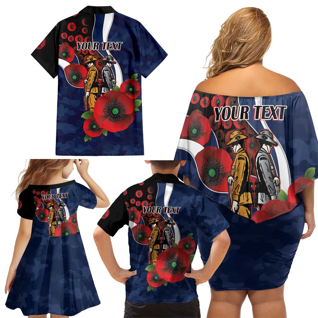 Geelong Cats ANZAC Personalised Family Matching Off Shoulder Short Dress and Hawaiian Shirt Lest We Forget Poppy Camo