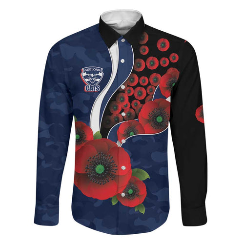 Geelong Cats ANZAC Personalised Family Matching Off Shoulder Short Dress and Hawaiian Shirt Lest We Forget Poppy Camo