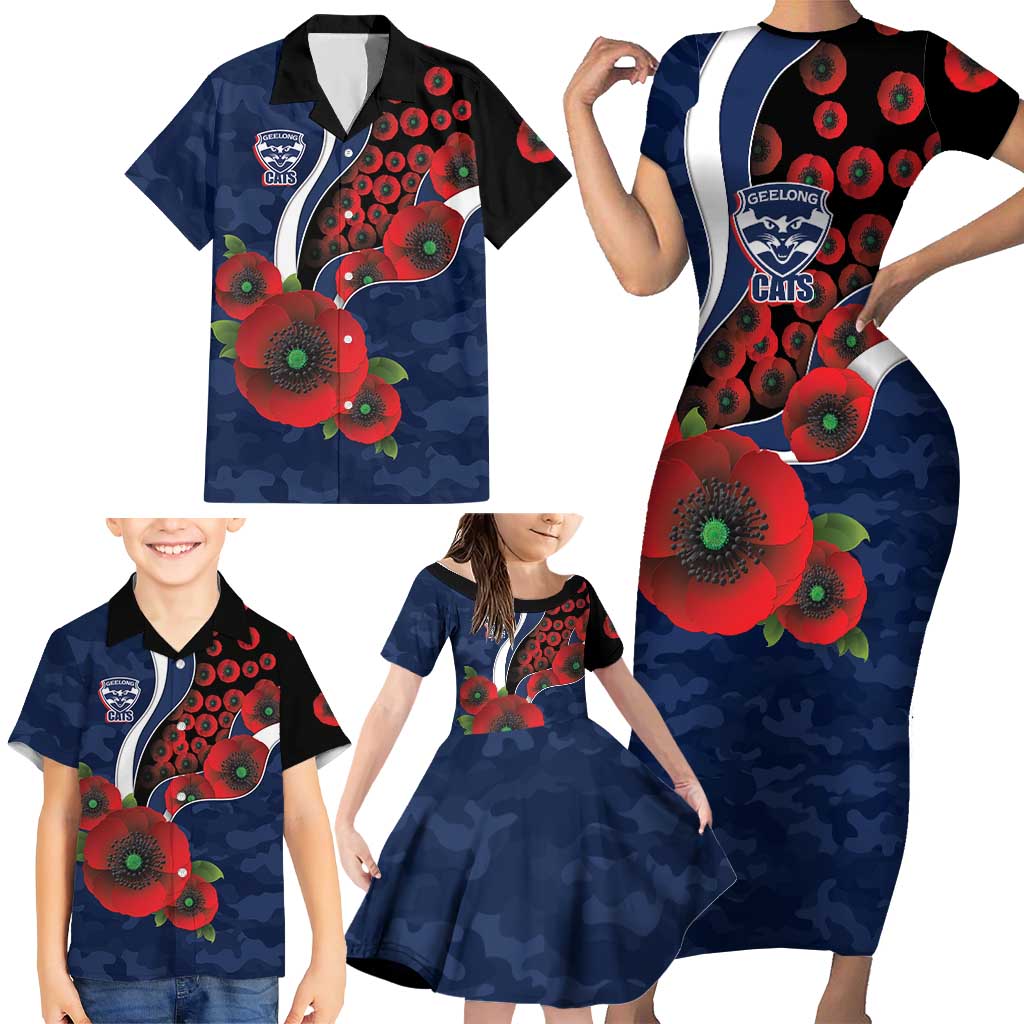 Geelong Cats ANZAC Personalised Family Matching Short Sleeve Bodycon Dress and Hawaiian Shirt Lest We Forget Poppy Camo
