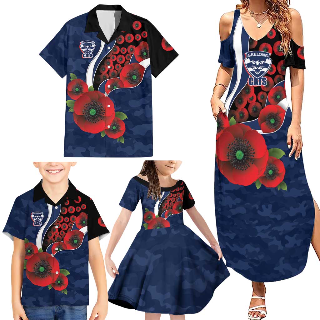 Geelong Cats ANZAC Personalised Family Matching Summer Maxi Dress and Hawaiian Shirt Lest We Forget Poppy Camo