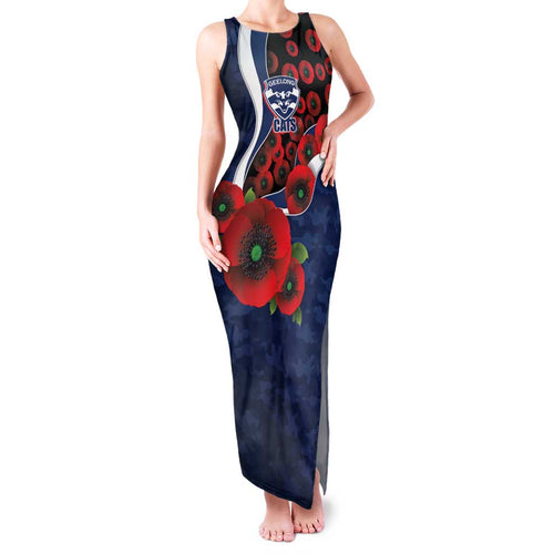Geelong Cats ANZAC Personalised Family Matching Tank Maxi Dress and Hawaiian Shirt Lest We Forget Poppy Camo