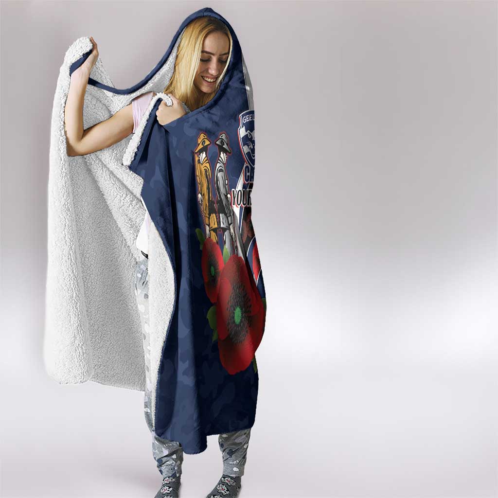 Geelong Cats ANZAC Personalised Hooded Blanket Lest We Forget Poppy Camo