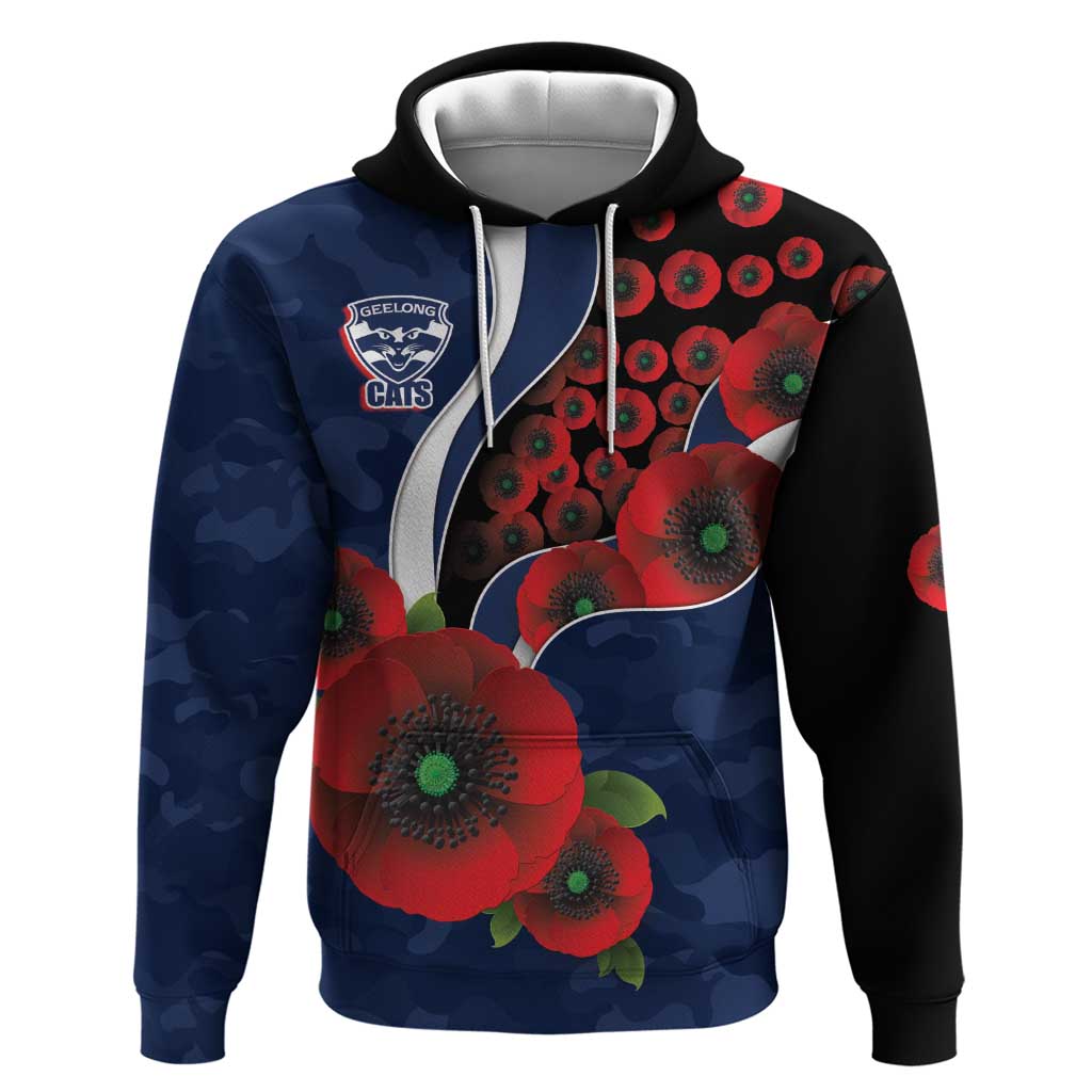 Geelong Cats ANZAC Personalised Hoodie Lest We Forget Poppy Camo
