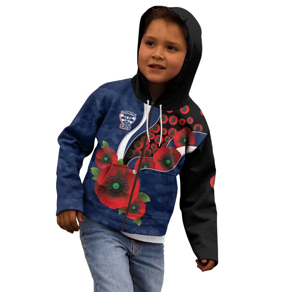 Geelong Cats ANZAC Personalised Kid Hoodie Lest We Forget Poppy Camo