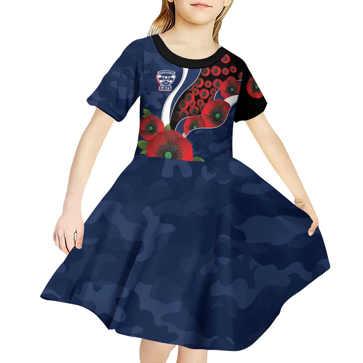 Geelong Cats ANZAC Personalised Kid Short Sleeve Dress Lest We Forget Poppy Camo