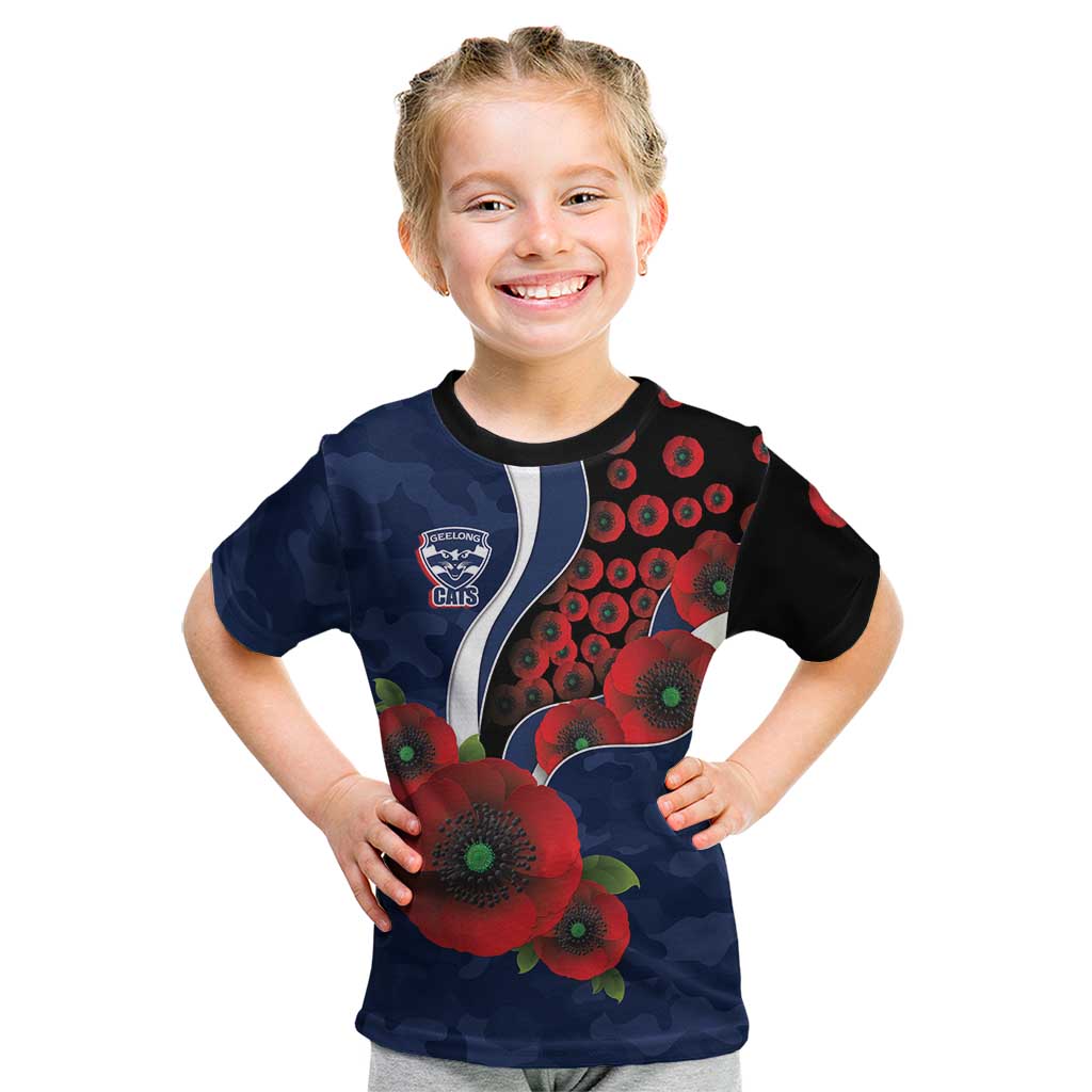 Geelong Cats ANZAC Personalised Kid T Shirt Lest We Forget Poppy Camo