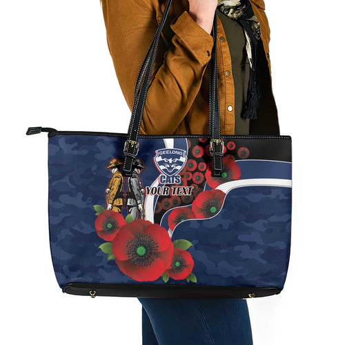 Geelong Cats ANZAC Personalised Leather Tote Bag Lest We Forget Poppy Camo