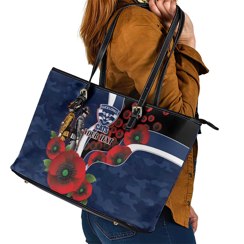 Geelong Cats ANZAC Personalised Leather Tote Bag Lest We Forget Poppy Camo