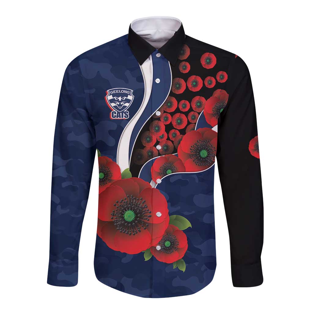 Geelong Cats ANZAC Personalised Long Sleeve Button Shirt Lest We Forget Poppy Camo