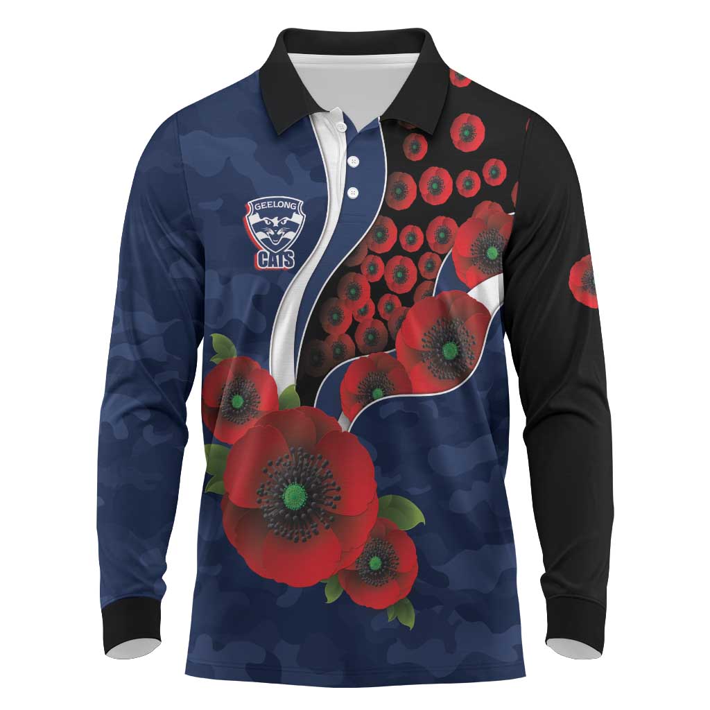 Geelong Cats ANZAC Personalised Long Sleeve Polo Shirt Lest We Forget Poppy Camo