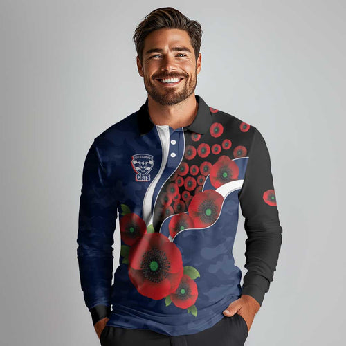 Geelong Cats ANZAC Personalised Long Sleeve Polo Shirt Lest We Forget Poppy Camo