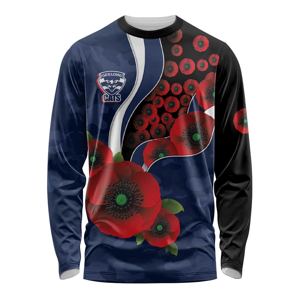 Geelong Cats ANZAC Personalised Long Sleeve Shirt Lest We Forget Poppy Camo