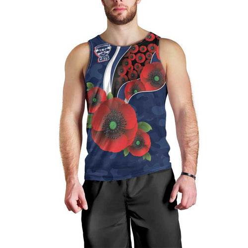 Geelong Cats ANZAC Personalised Men Tank Top Lest We Forget Poppy Camo