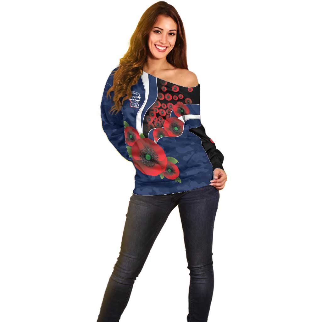 Geelong Cats ANZAC Personalised Off Shoulder Sweater Lest We Forget Poppy Camo