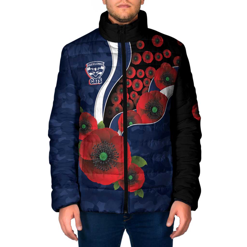 Geelong Cats ANZAC Personalised Padded Jacket Lest We Forget Poppy Camo
