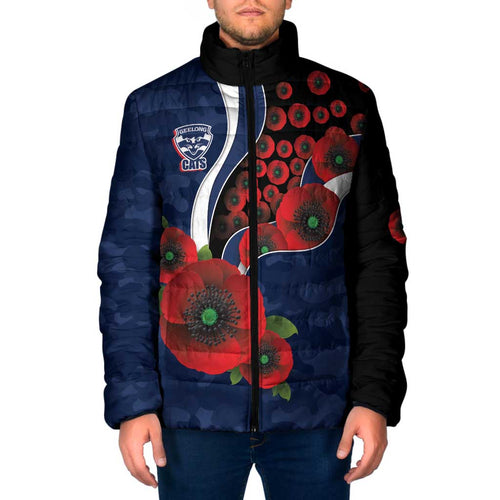 Geelong Cats ANZAC Personalised Padded Jacket Lest We Forget Poppy Camo