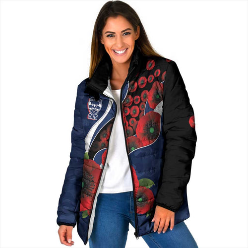 Geelong Cats ANZAC Personalised Padded Jacket Lest We Forget Poppy Camo