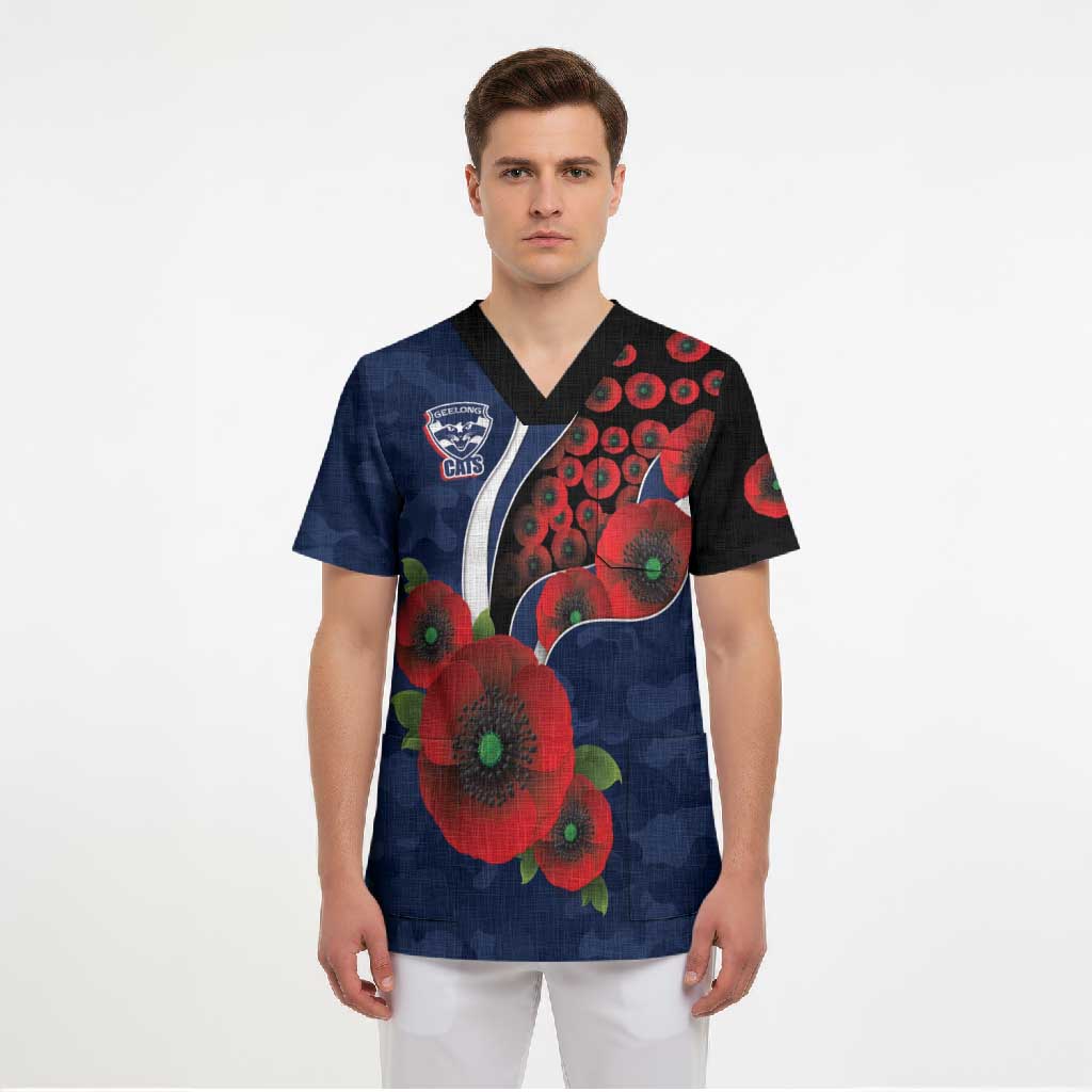Geelong Cats ANZAC Personalised Scrub Top Lest We Forget Poppy Camo