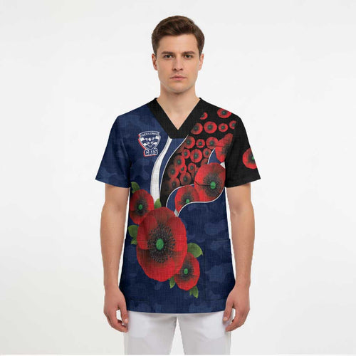 Geelong Cats ANZAC Personalised Scrub Top Lest We Forget Poppy Camo