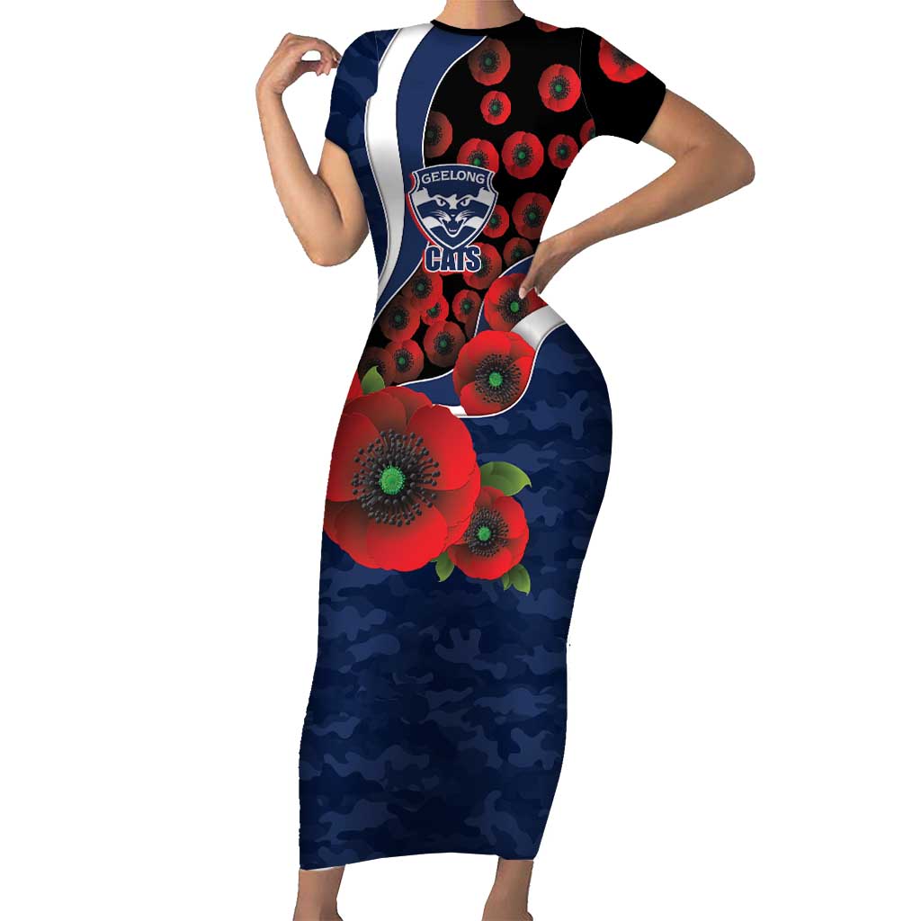Geelong Cats ANZAC Personalised Short Sleeve Bodycon Dress Lest We Forget Poppy Camo