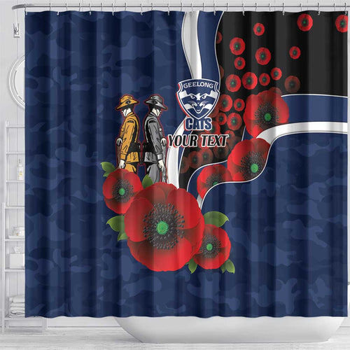 Geelong Cats ANZAC Personalised Shower Curtain Lest We Forget Poppy Camo
