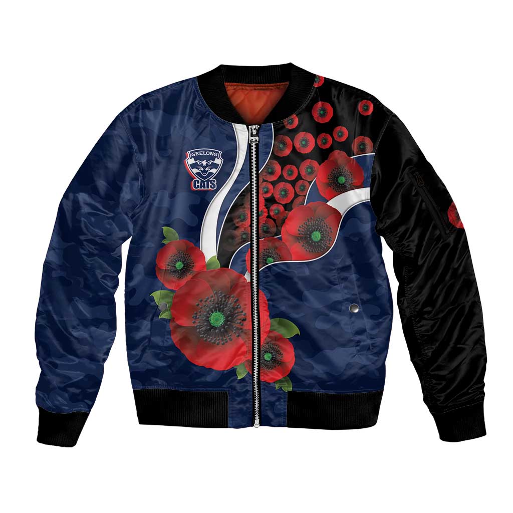 Geelong Cats ANZAC Personalised Sleeve Zip Bomber Jacket Lest We Forget Poppy Camo