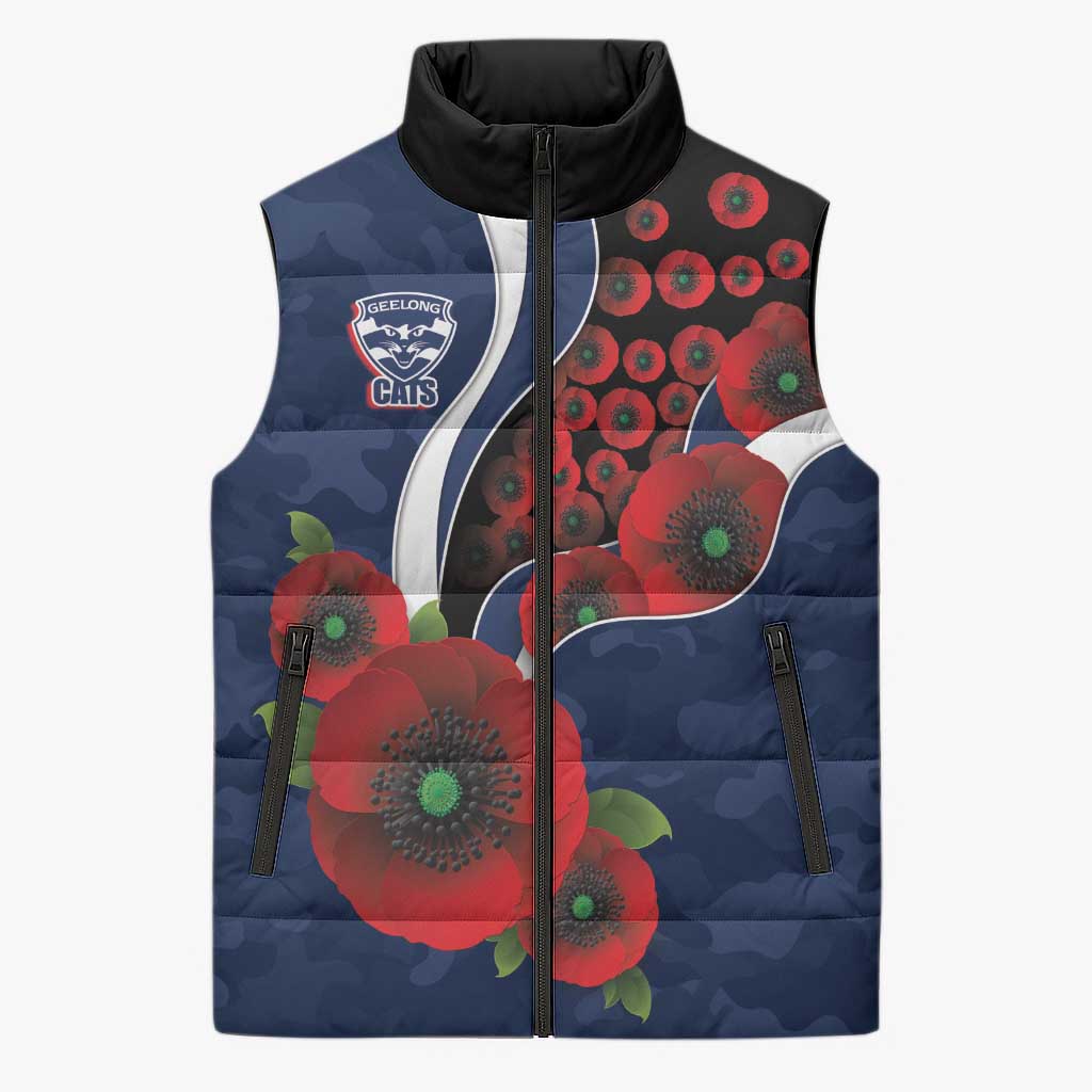 Geelong Cats ANZAC Personalised Sleeveless Puffer Jacket Lest We Forget Poppy Camo