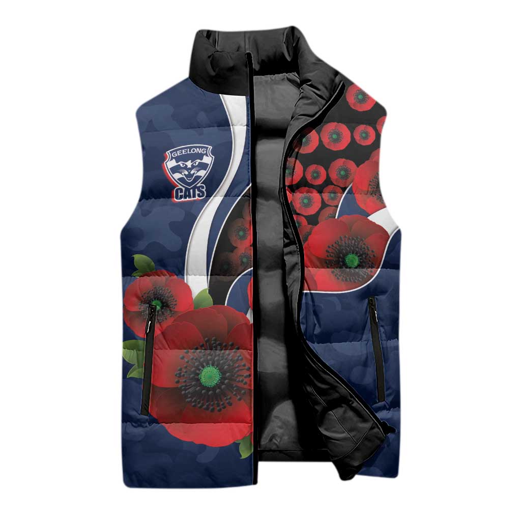 Geelong Cats ANZAC Personalised Sleeveless Puffer Jacket Lest We Forget Poppy Camo