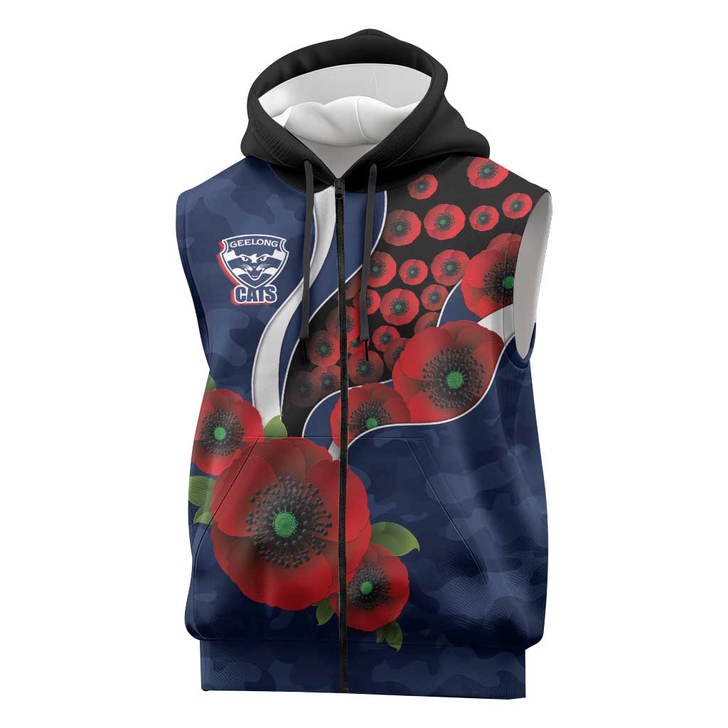 Geelong Cats ANZAC Personalised Sleeveless Zip Hoodie Lest We Forget Poppy Camo