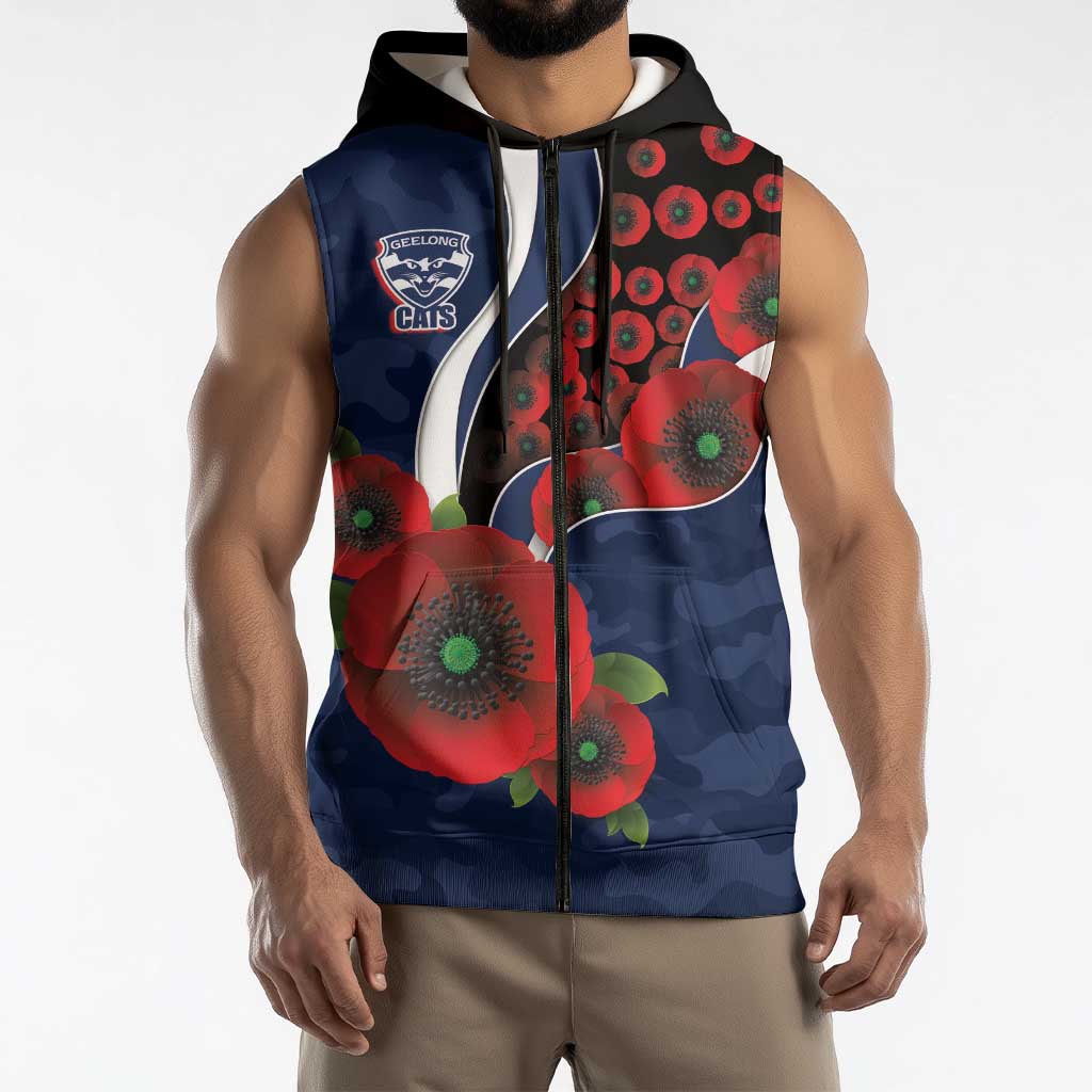 Geelong Cats ANZAC Personalised Sleeveless Zip Hoodie Lest We Forget Poppy Camo