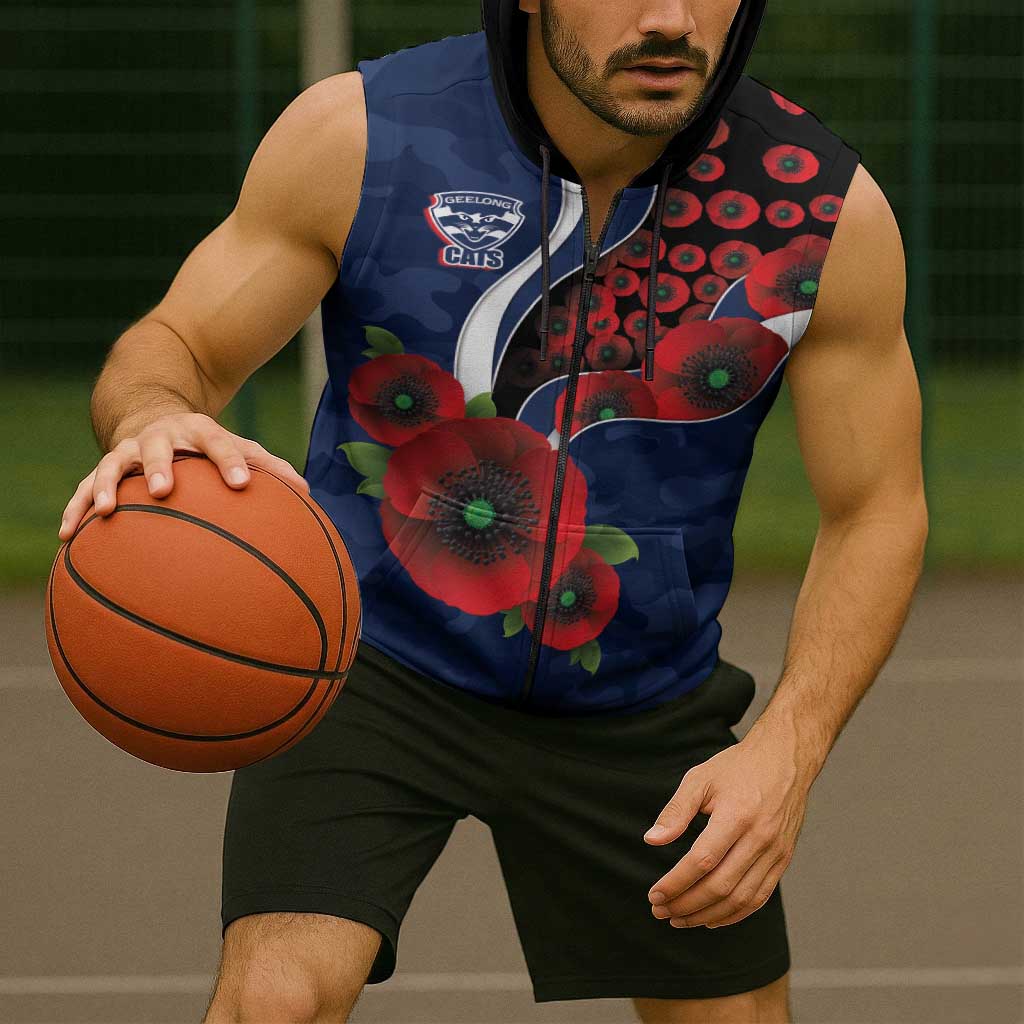 Geelong Cats ANZAC Personalised Sleeveless Zip Hoodie Lest We Forget Poppy Camo