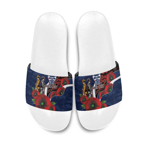 Geelong Cats ANZAC Personalised Slide Sandals Lest We Forget Poppy Camo